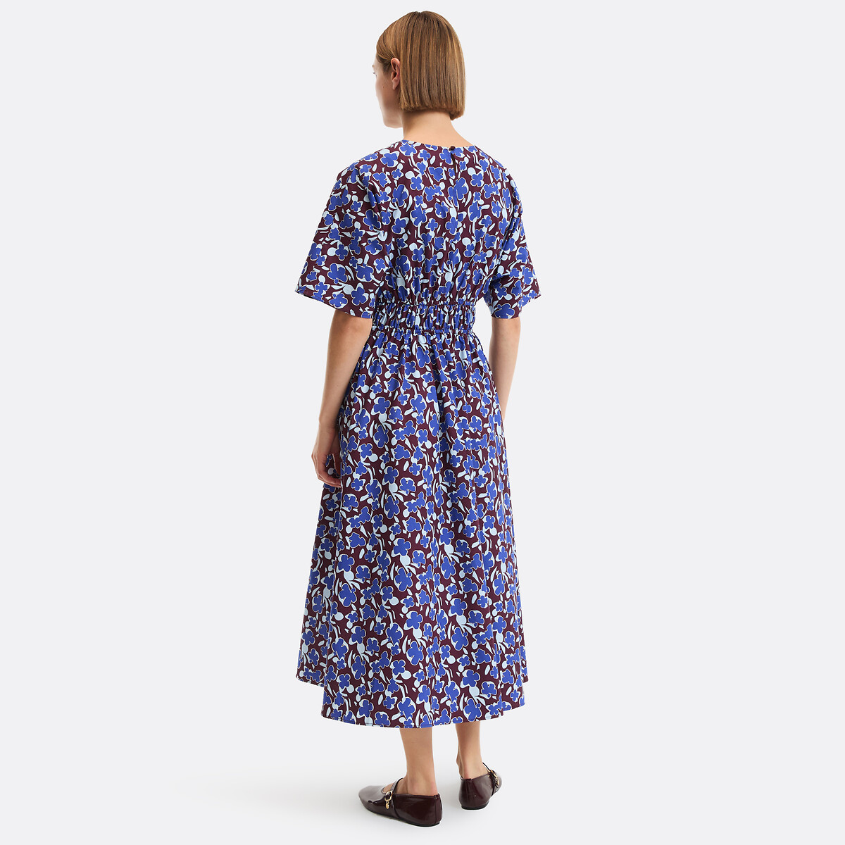 Robe évasée, imprimé floral, longue, manches courtes imprimé fond marron, LA REDOUTE COLLECTIONS