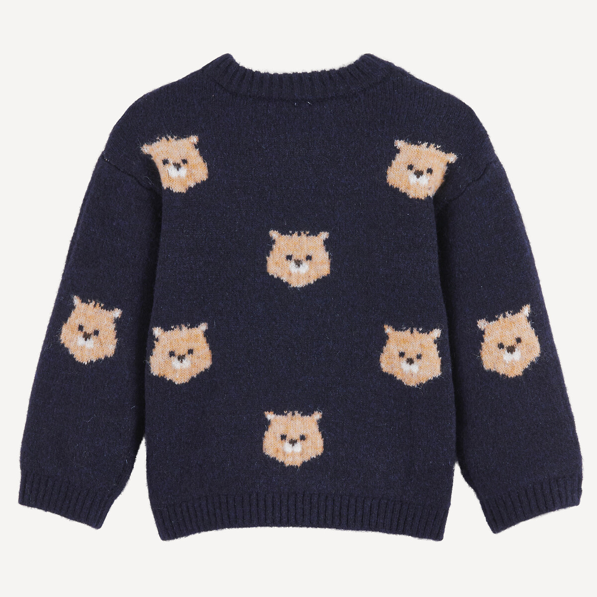 Jacquard bear print chunky knit crew neck jumper navy blue, LA REDOUTE COLLECTIONS