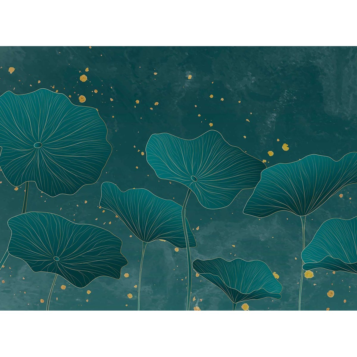 Papier peint lotus et feuillage vert profond touches dorées autres, HEXOA