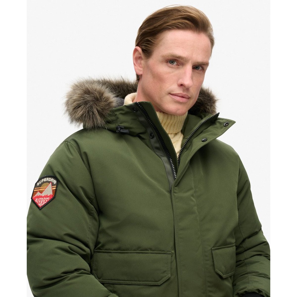 Blouson Bomber Everest en imitation Fourrure kaki, SUPERDRY