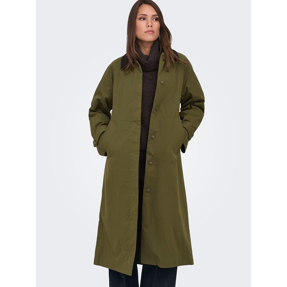 Trench long col polo bi-matière vert kaki, ONLY