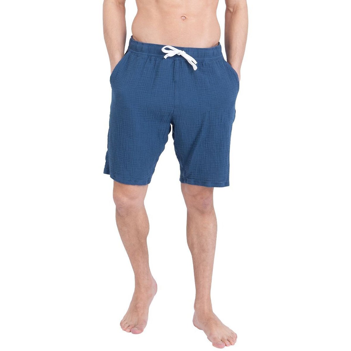 Pyjashort avec short en gaze de coton et col rabat bleu, ATHENA