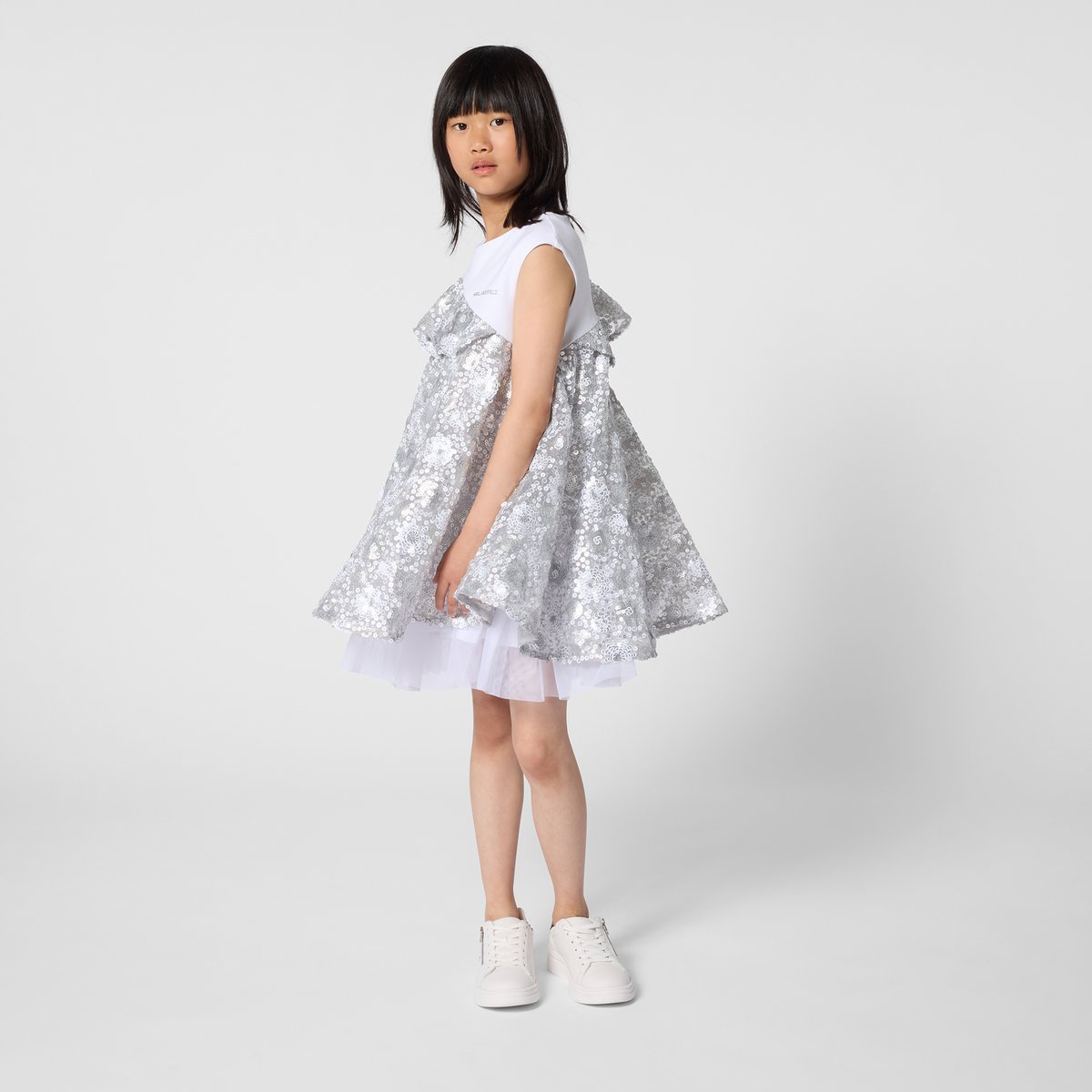 Robe de ceremonie bi-matiere argent blanc, KARL LAGERFELD KIDS