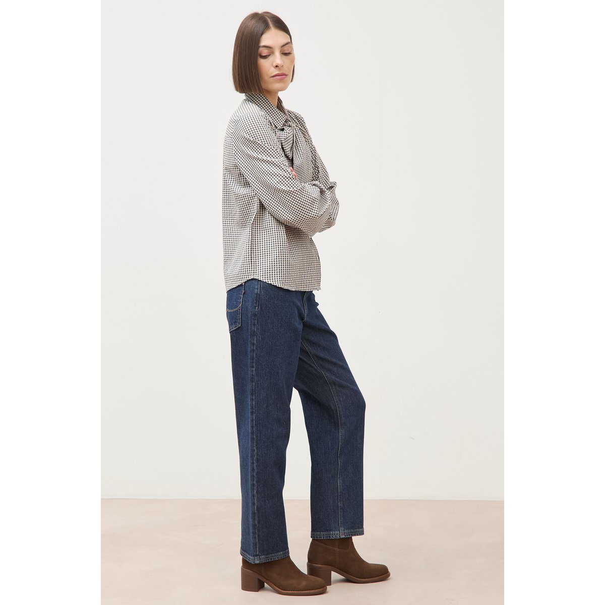 Chemise vichy droite manches longues bleu, BONOBO