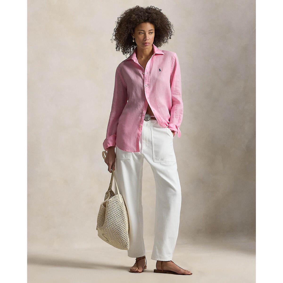 Camisa de lino de manga larga rosa claro, POLO RALPH LAUREN