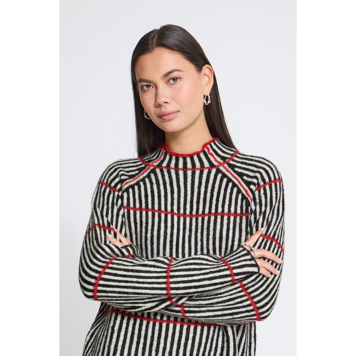 Á manches longues noir blanc rouge black white salsa stripe, ICHI