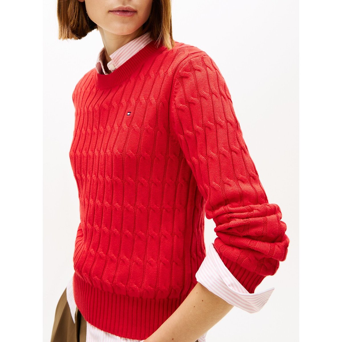 Cable Knit Long Sleeve Crew Neck Jumper red, TOMMY HILFIGER