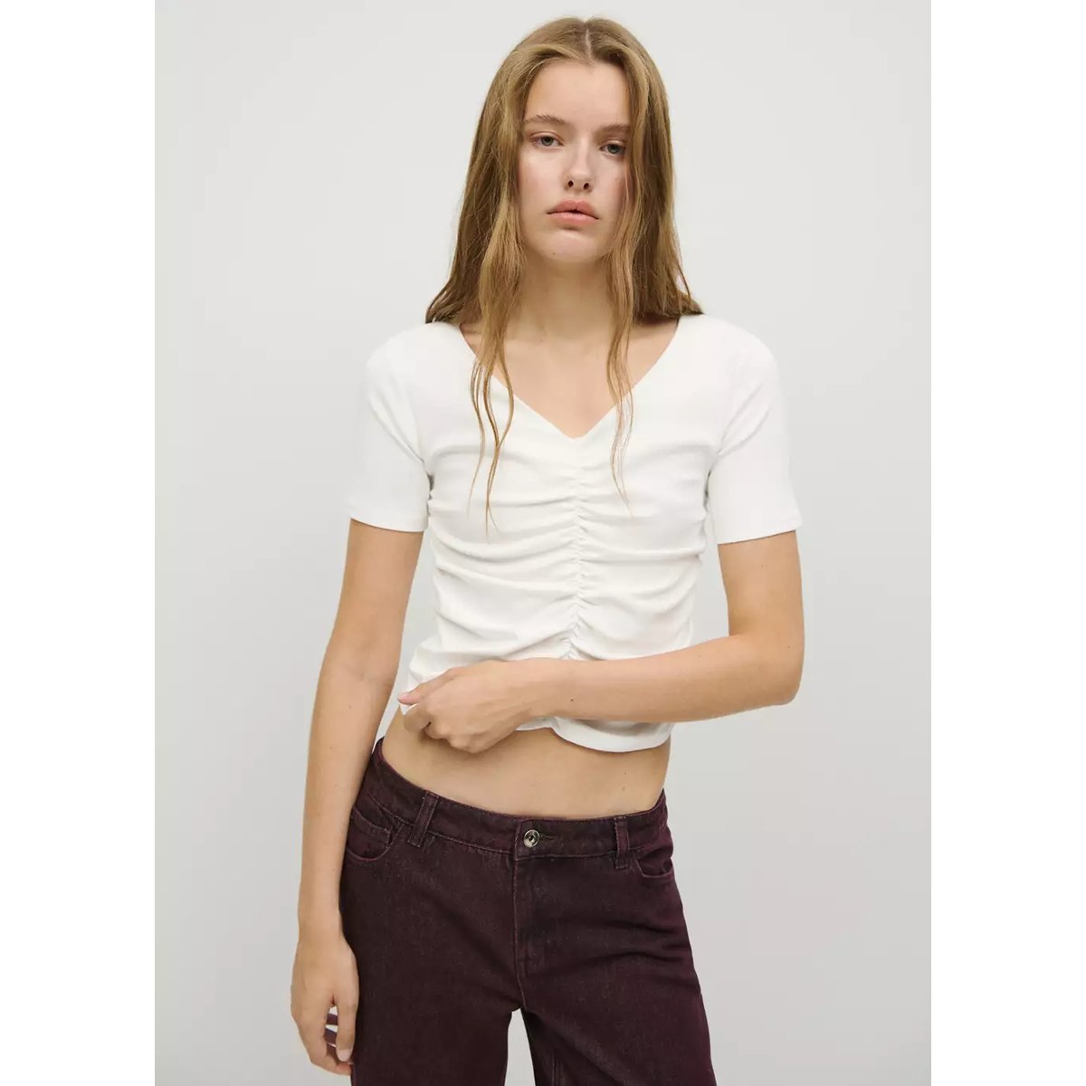 T-shirt coton drapé blanc cassé, MANGO TEEN