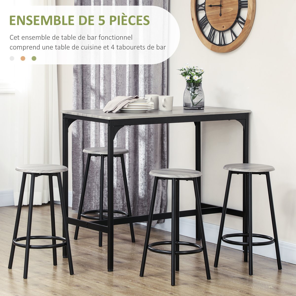 Ensemble de table de bar MDF Gris gris, noir, HOMCOM