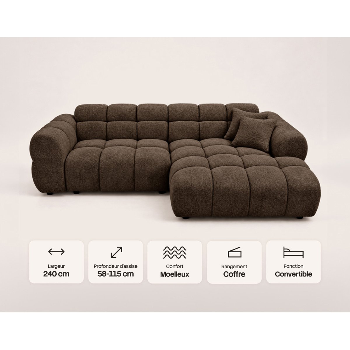 Canapé d'angle droit 4 places convertible avec, MINI RAY marron, BEST MOBILIER