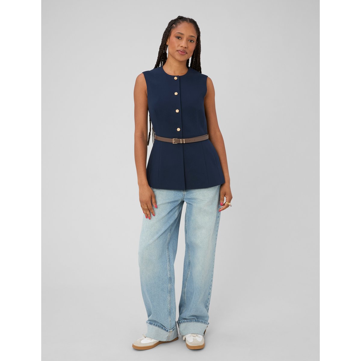 Gilet sans manches ceinturé bleu foncé, BZB