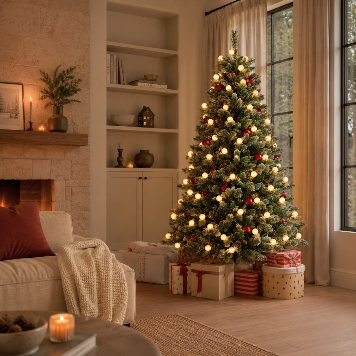 Sapin de Noël artificiel avec décorations et LED H180 cm KAPRUN vert, BLACK BOX TREES