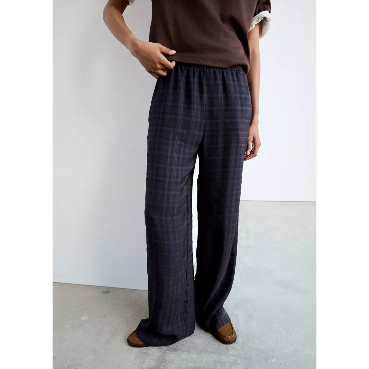 Pantalon droit à carreaux bleu, MANGO