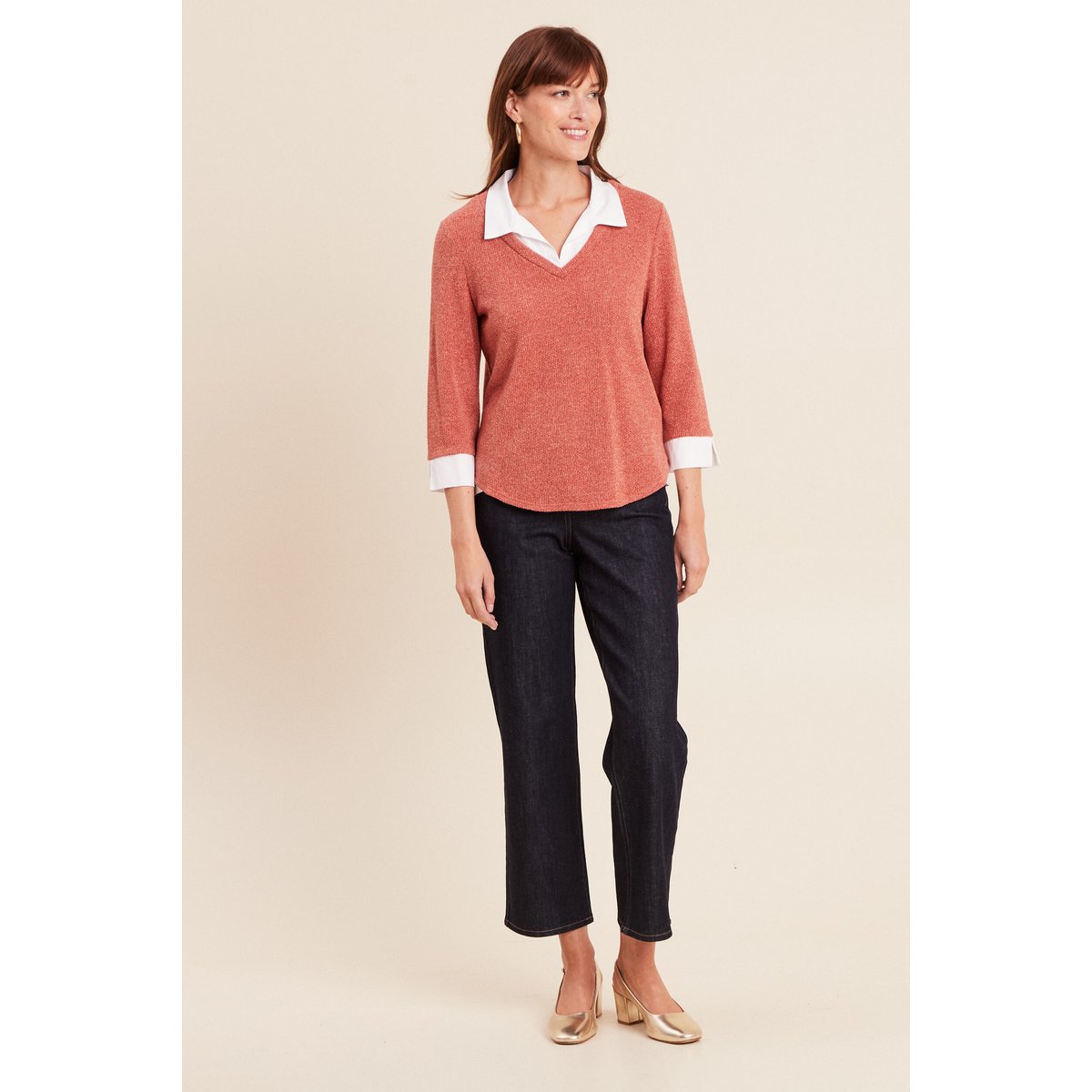T-shirt col chemise manches 3/4 vieux rose, BREAL