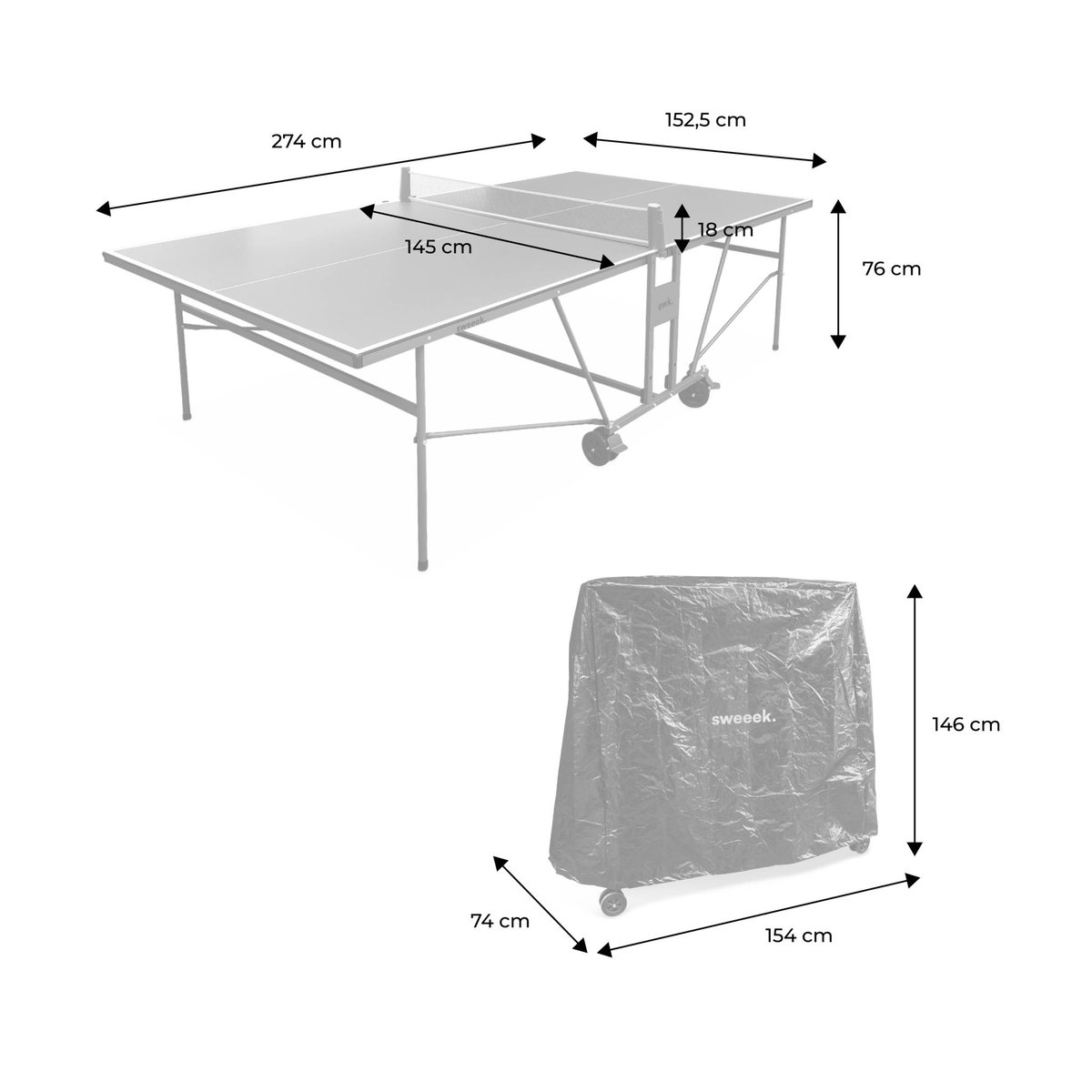 Table de ping pong intérieure avec 2 raquettes 3 balles et housse de protection TABLE DE PING PONG INTÉRIEURE + HOUSSE DE PROTECTION gris, SWEEEK