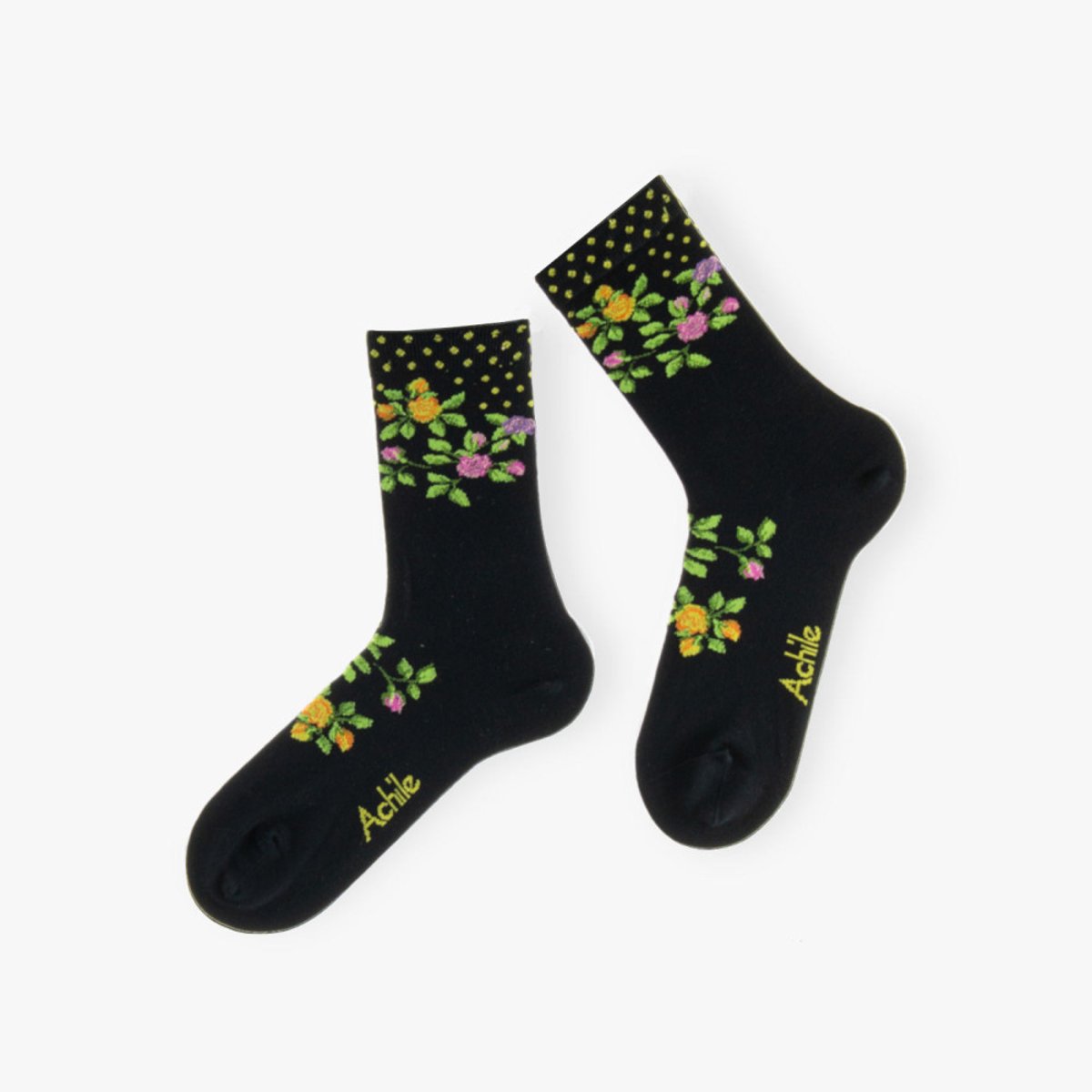 Mi-chaussettes en coton Fleurs MADE IN FRANCE noir, ACHILE