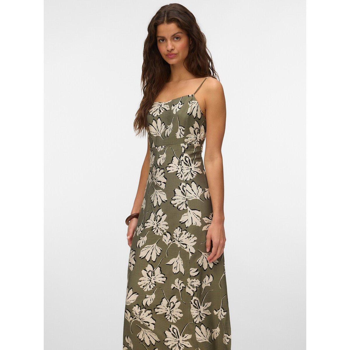 Robe longue imprimée à bretelles imprimé vert kaki, VERO MODA