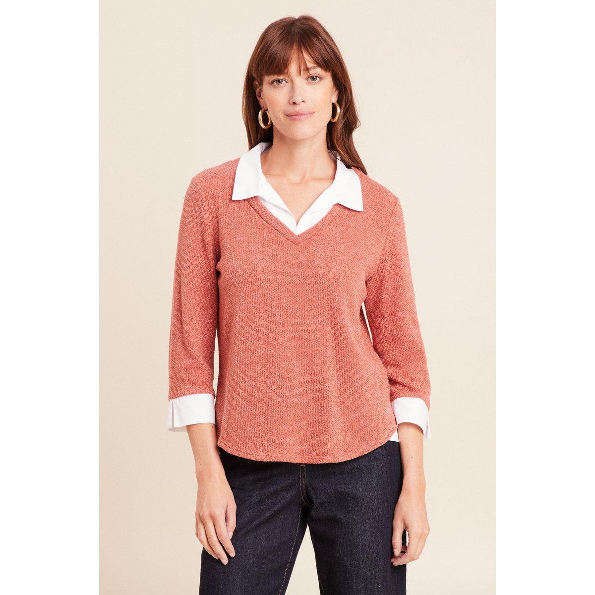 T-shirt col chemise manches 3/4 vieux rose, BREAL