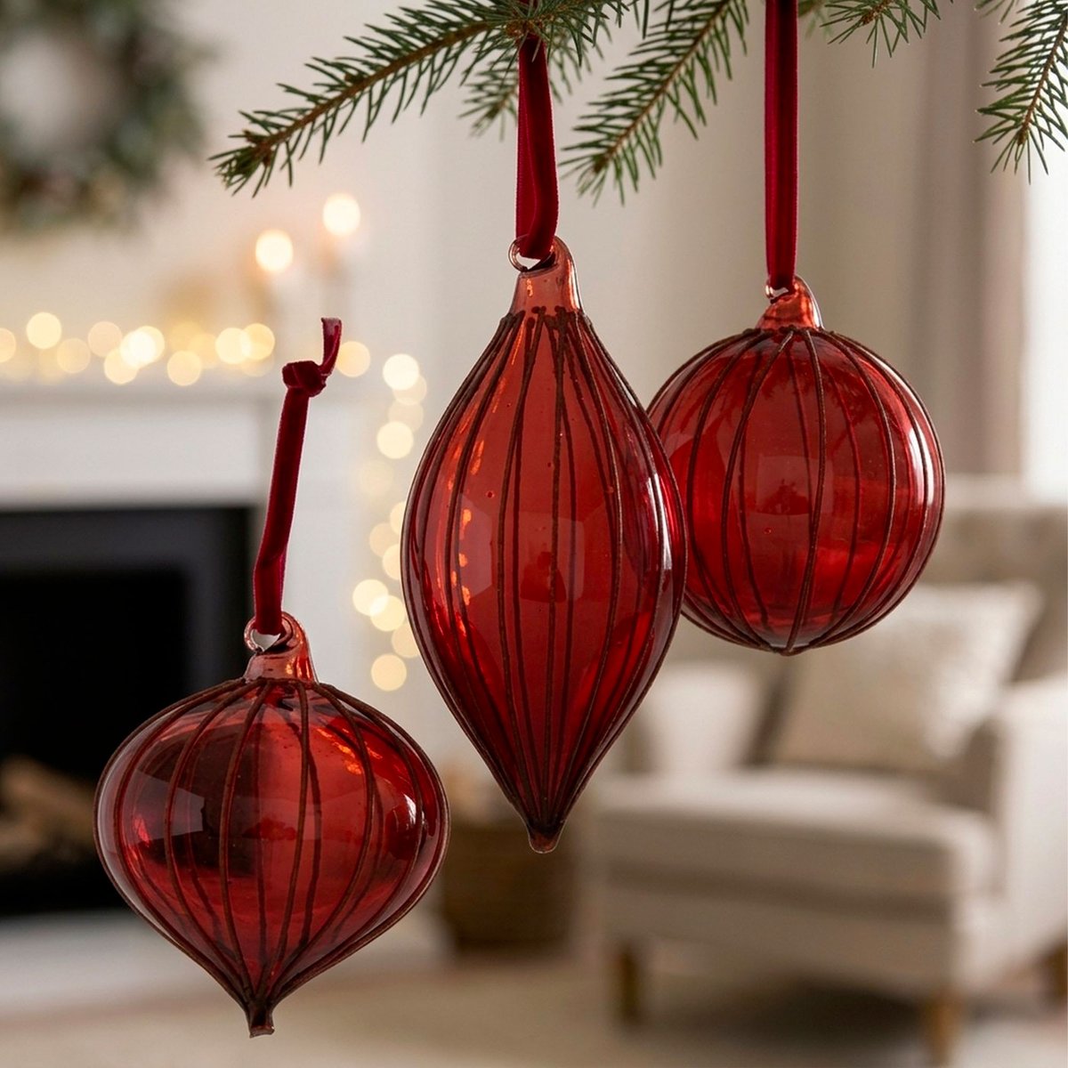 Set de 3 boules de Noël en verre rouge 8x8x14cm rouge, WADIGA