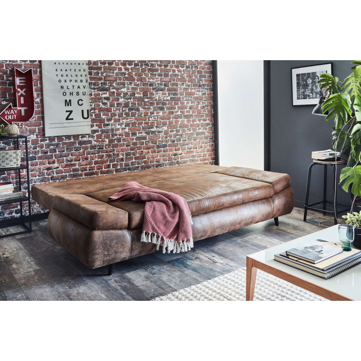 Canapé 3 places convertible style industriel, LARSON marron, BEST MOBILIER