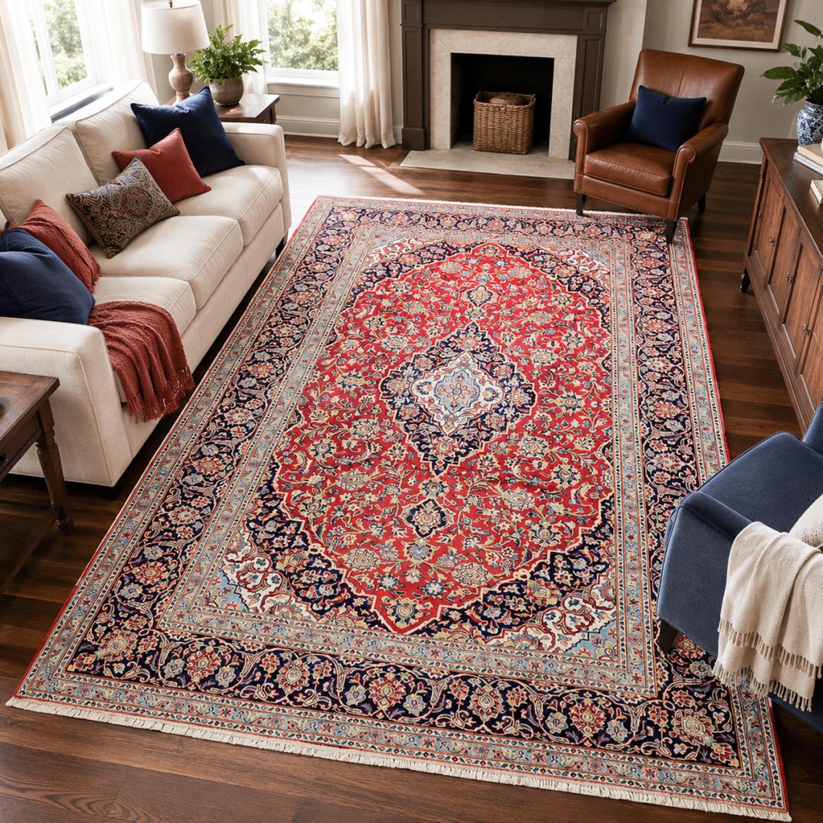 Tapis d'orient au motif oriental, noué main en laine, ARDAKAN 6 rouge, beige, bleu, UN AMOUR DE TAPIS