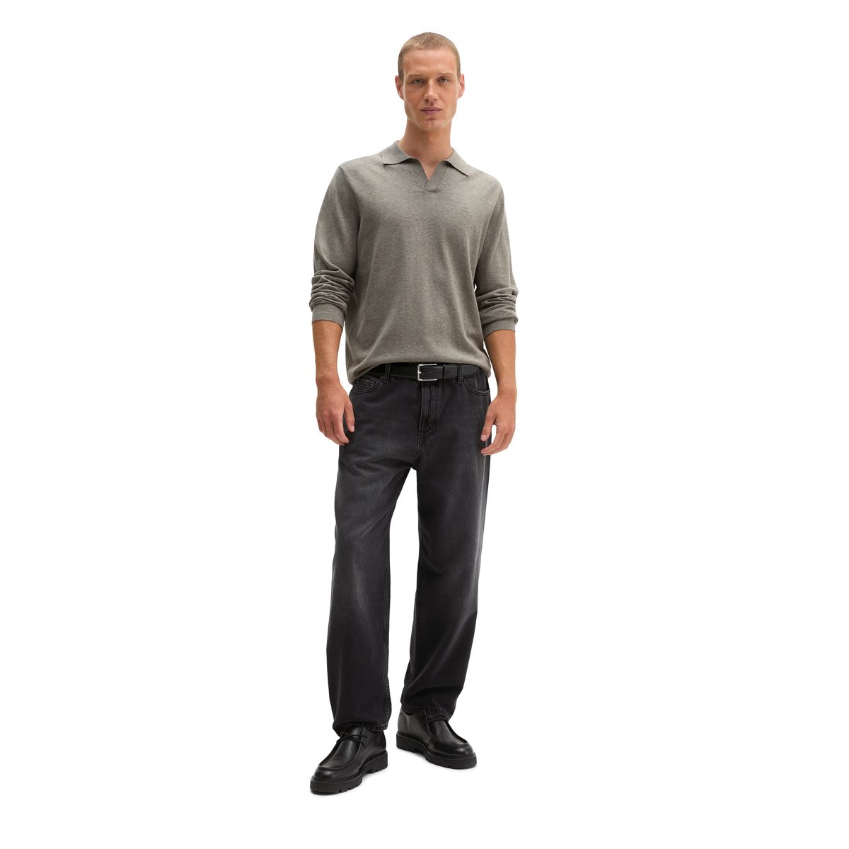 Polo en tricot régulier en mélange de coton et de cachemire bio gris, MARC O'POLO