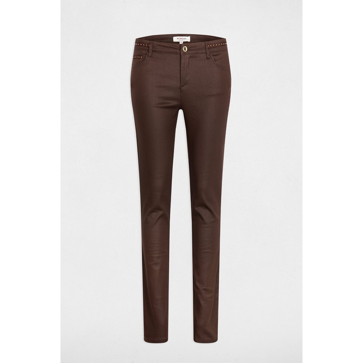 Pantalon slim enduit marron foncé, MORGAN