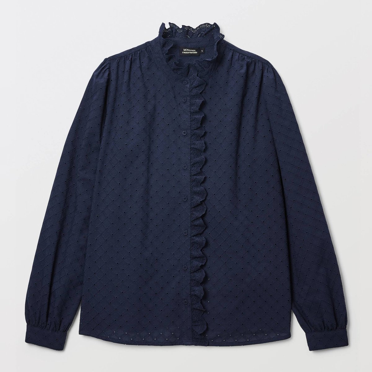 Blouse manches longues brodée en coton marine, MONOPRIX