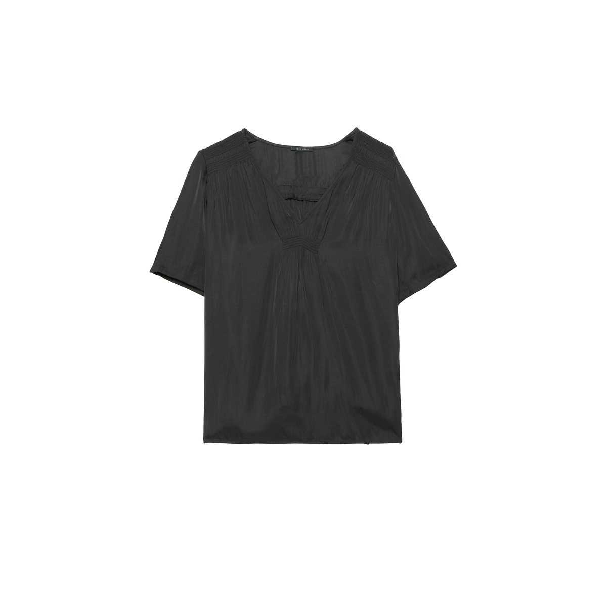Top manches courtes satiné détails smocks noir, IKKS