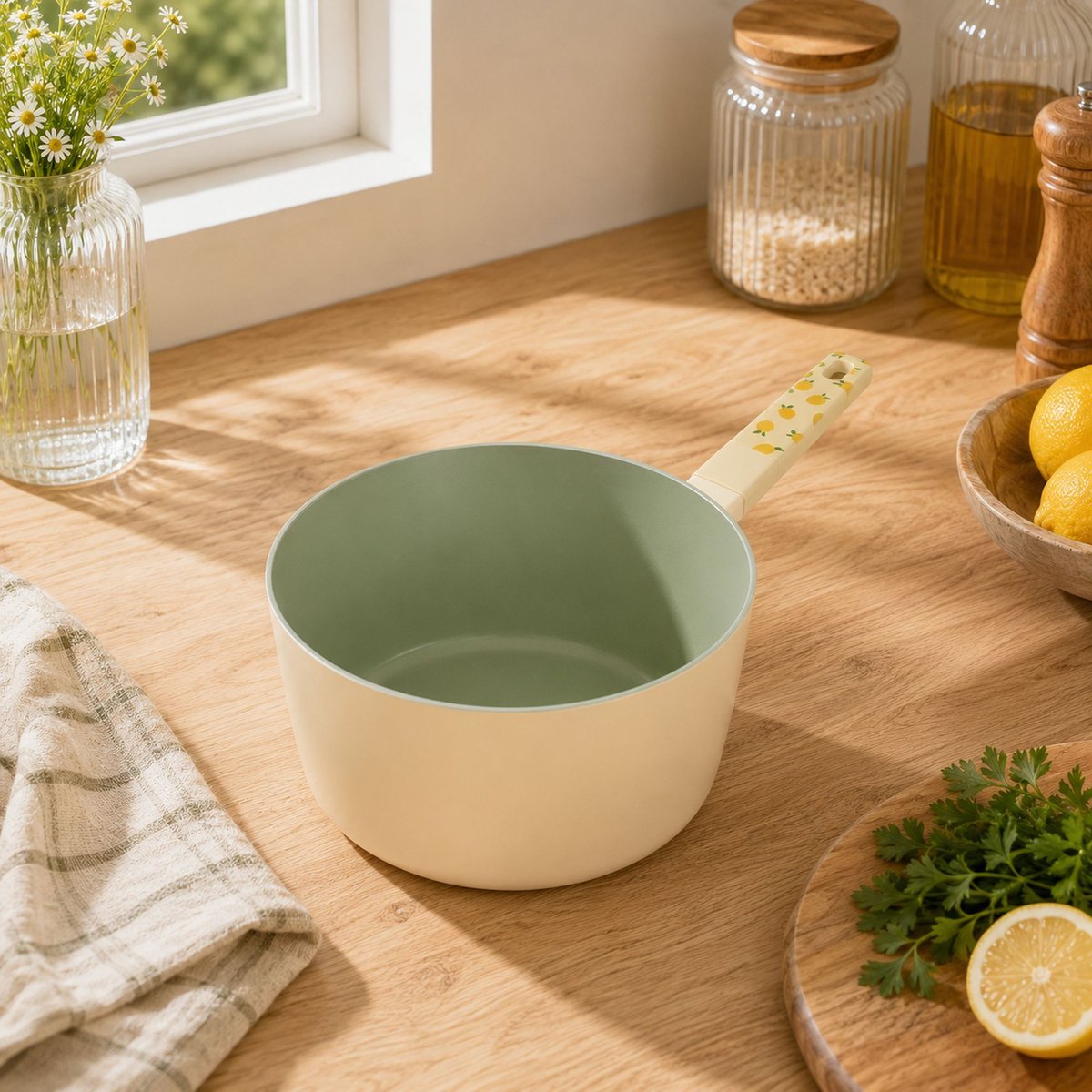 Casserole 18cm en aluminium, CITRON beige-vert, MENASTYL