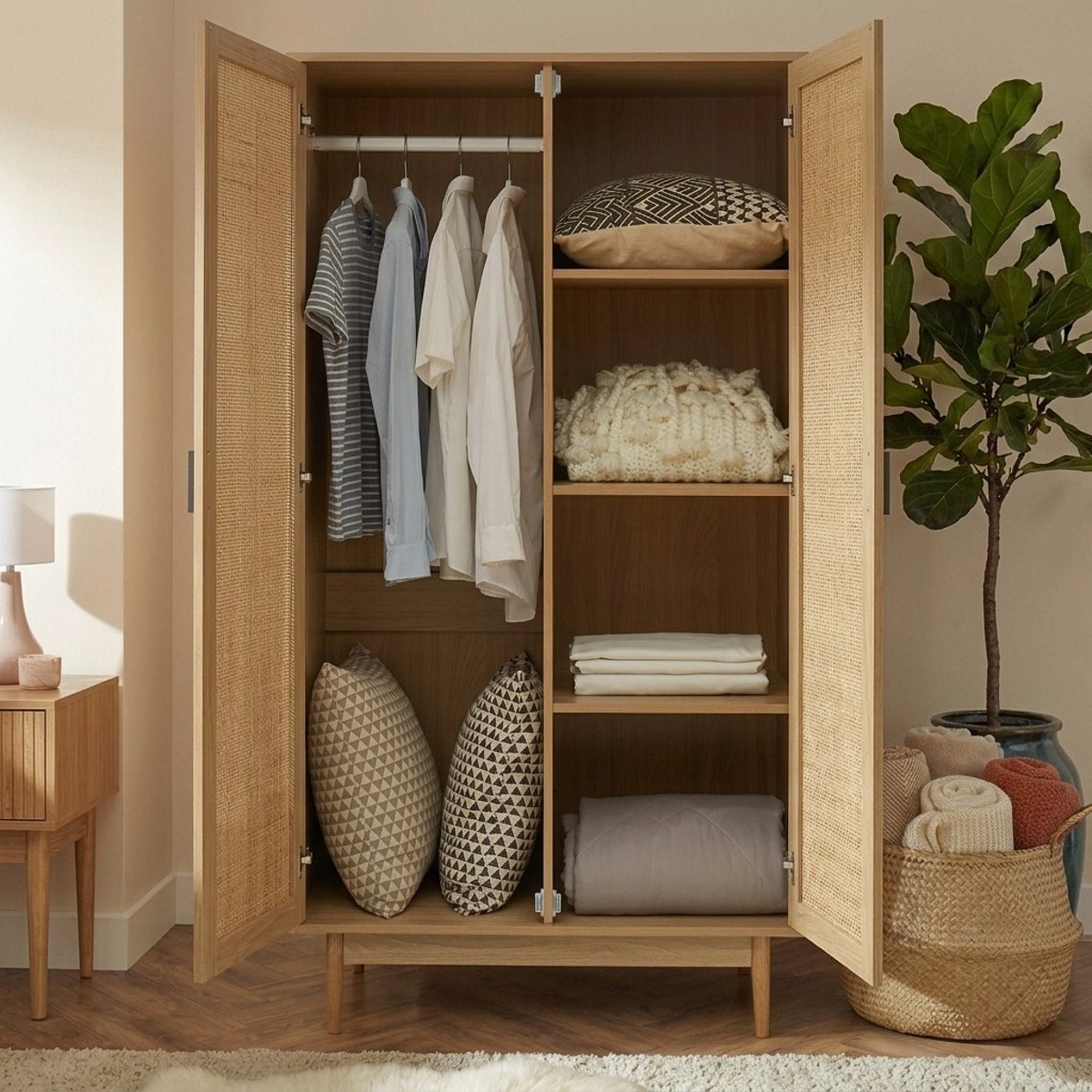 Armoire cannage rotin 2 portes AMANA chêne clair, BAÏTA