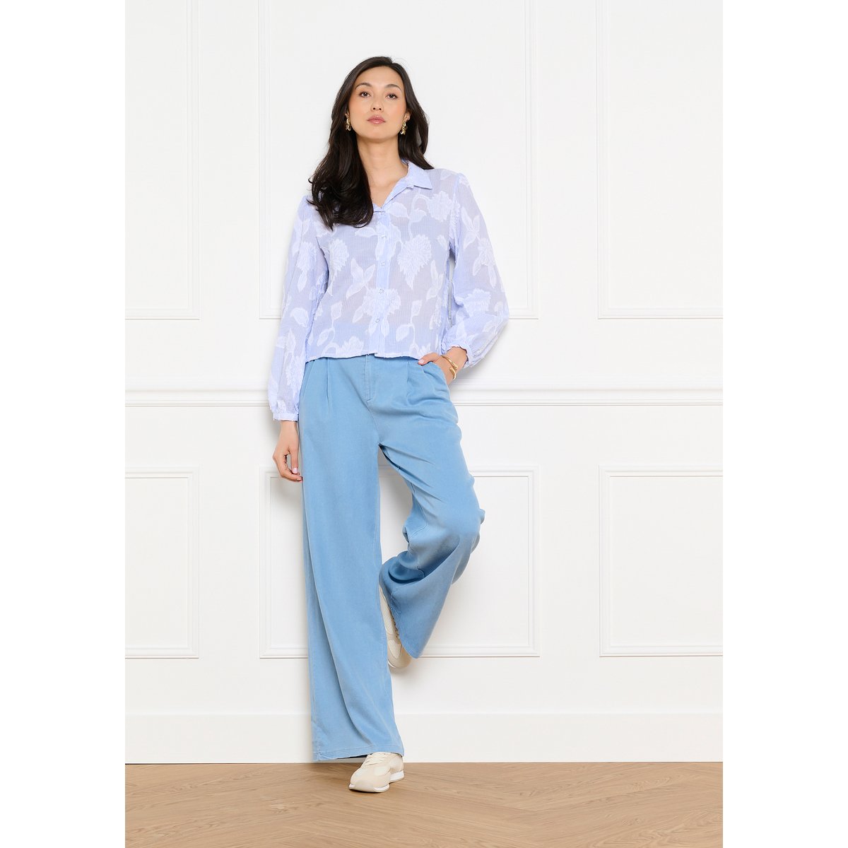 Chemise rayée détails jacquard bleu pastel, LOLALIZA