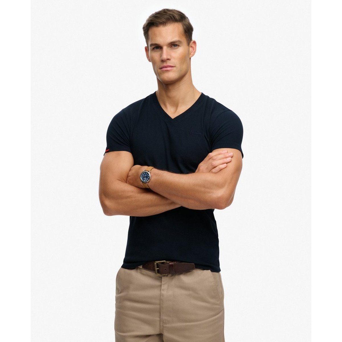 T-shirt col V logo brodé en coton bio bleu marine éclipse, SUPERDRY