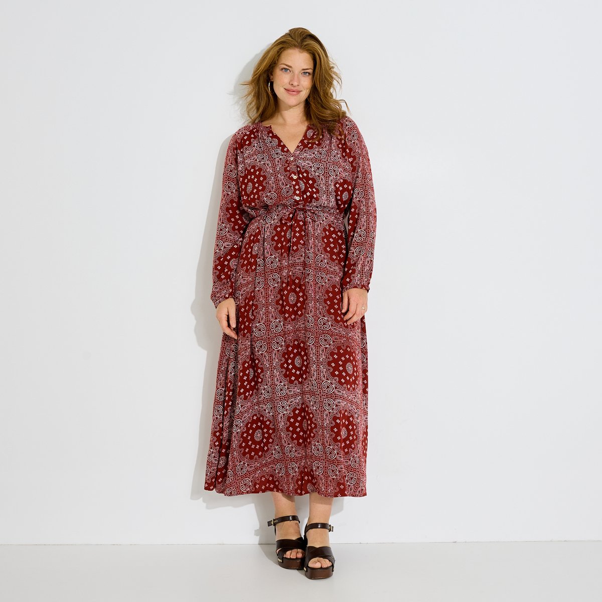 Robe longue bohème à imprimé bandana orange bordeaux, GRAIN DE MALICE