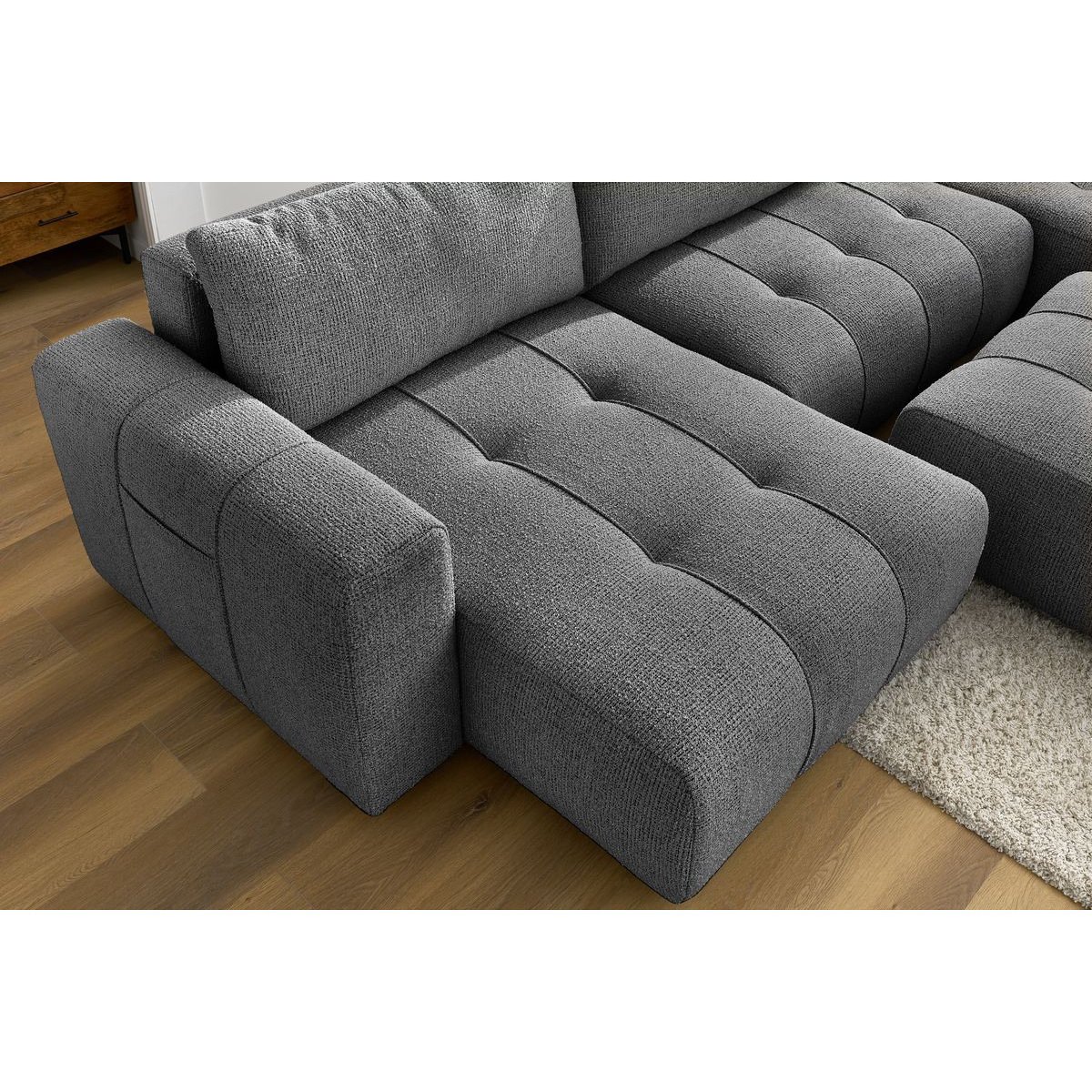 Canapé panoramique convertible 6 places en tissu chiné avec pouf, ARSENE gris foncé, BOBOCHIC