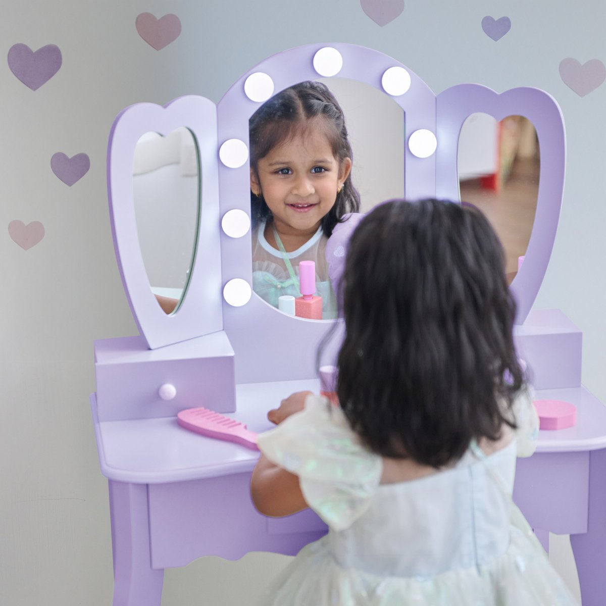 Coiffeuse cœur avec miroir LED & tiroirs blue, TEAMSON KIDS