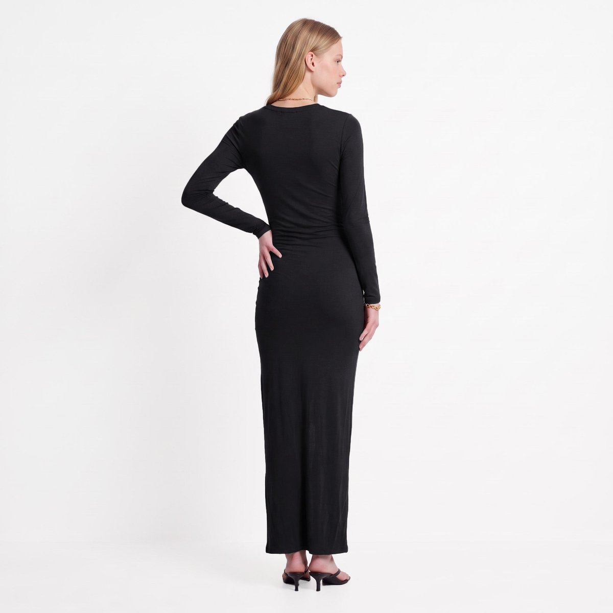 Robe femme longue fendue fronces col rond ARISSE black, ARTLOVE
