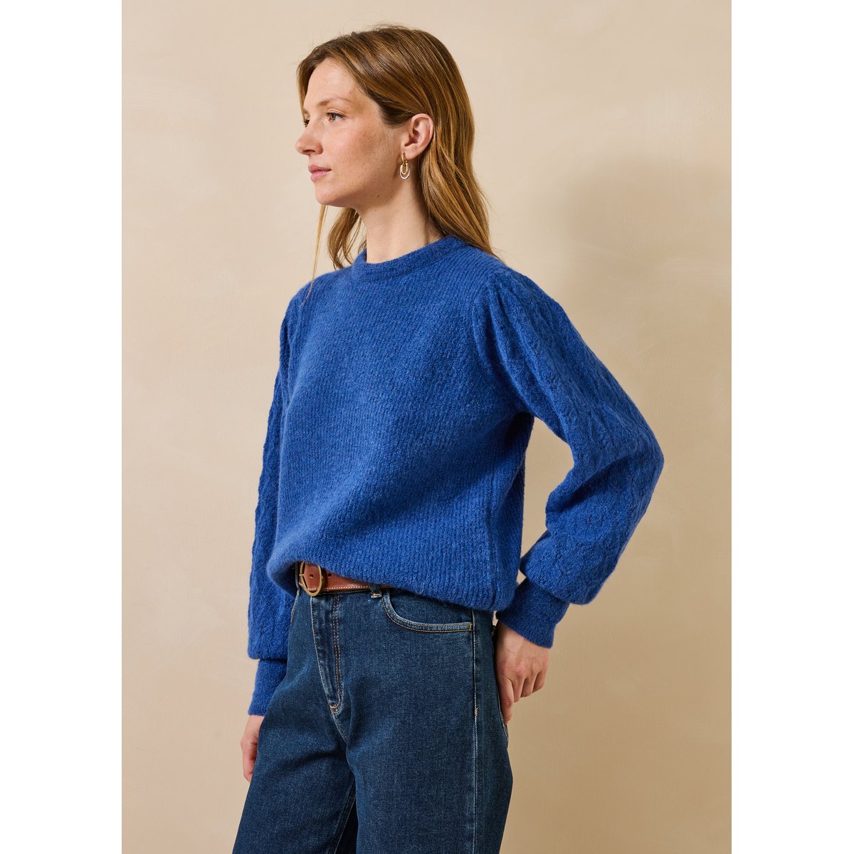 Pull manches longues en maille col rond saphir, LA FEE MARABOUTEE