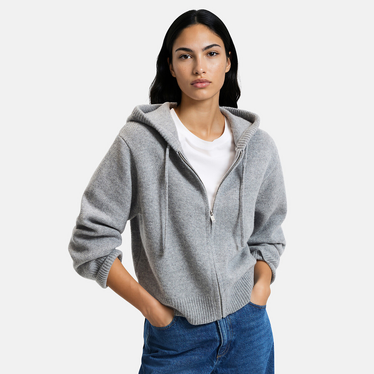 Gilet court à capuche en laine, grosse maille gris chiné, LA REDOUTE COLLECTIONS