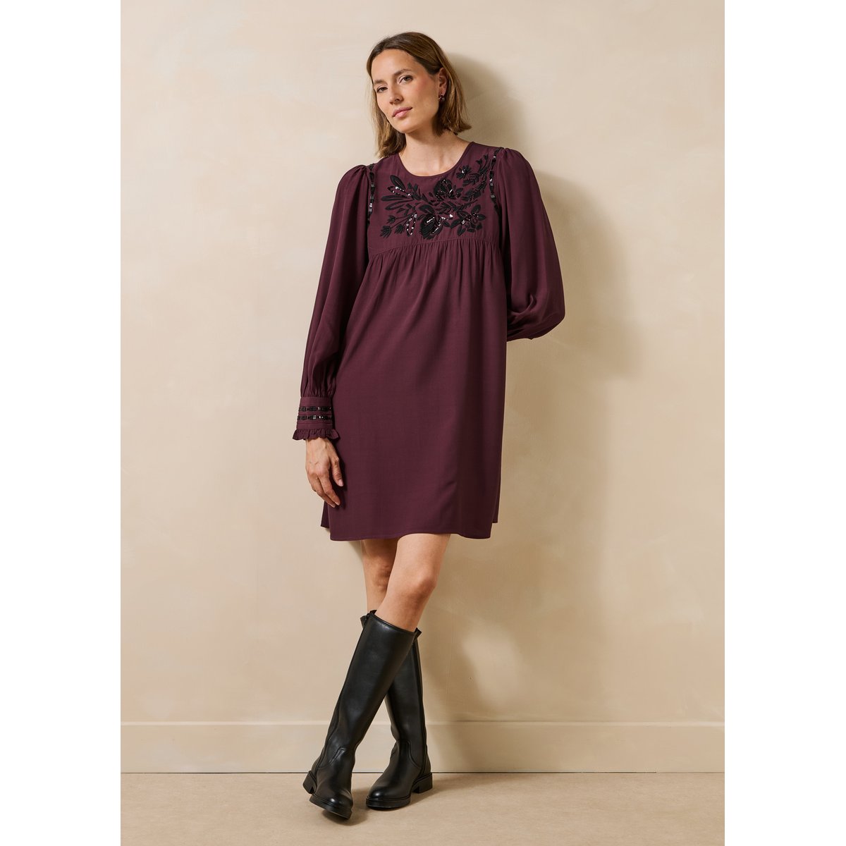 Robe courte manches longues col rond bordeaux / noir, LA FEE MARABOUTEE