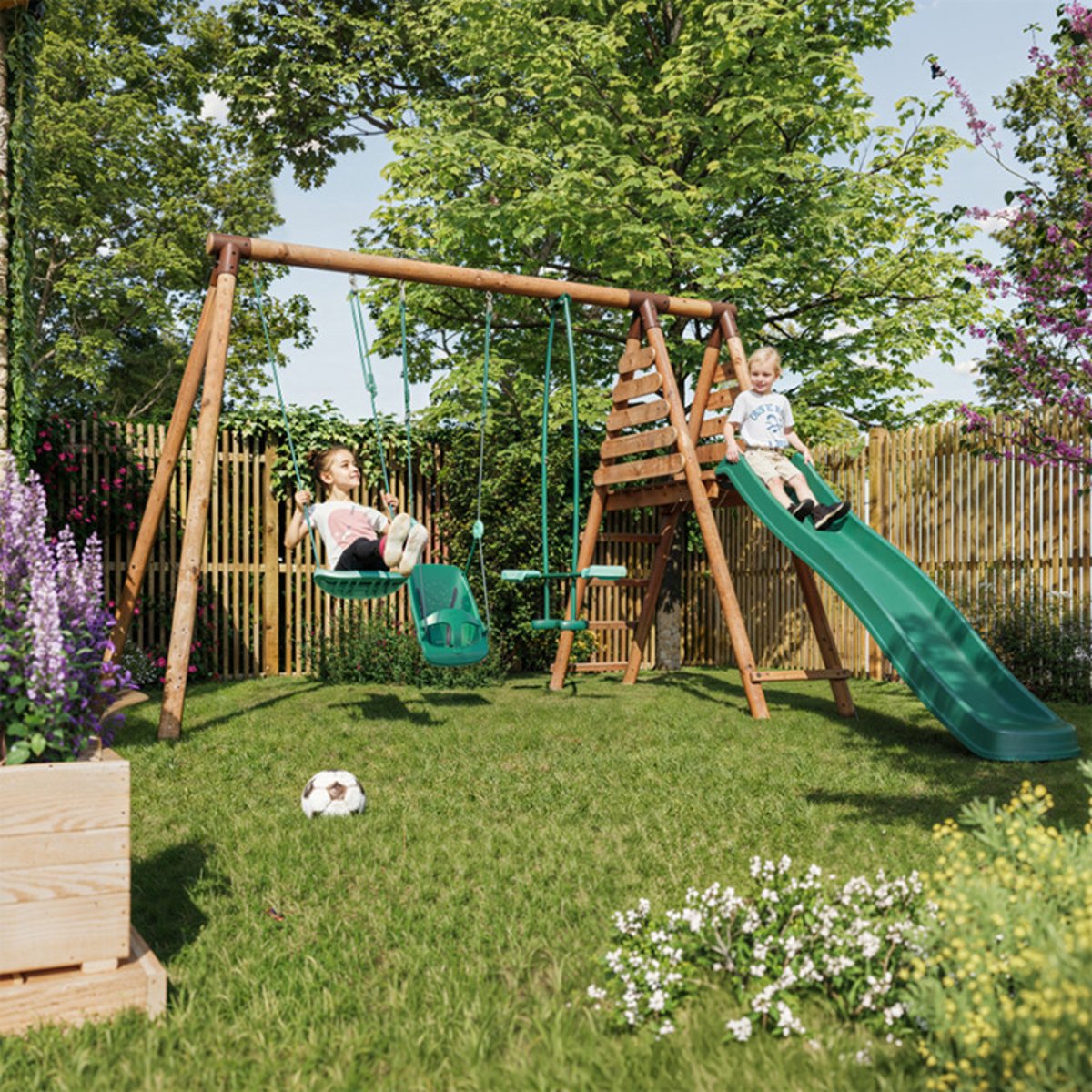 Portique en bois 3 agrès et toboggan TULIPE marron, SOULET