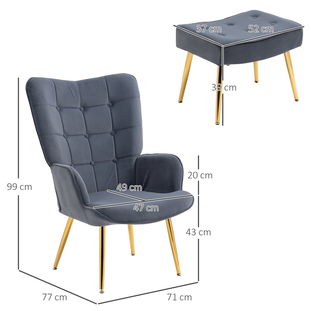 Fauteuil d'appoint avec repose-pieds Velours gris foncé, pieds dorés, HOMCOM