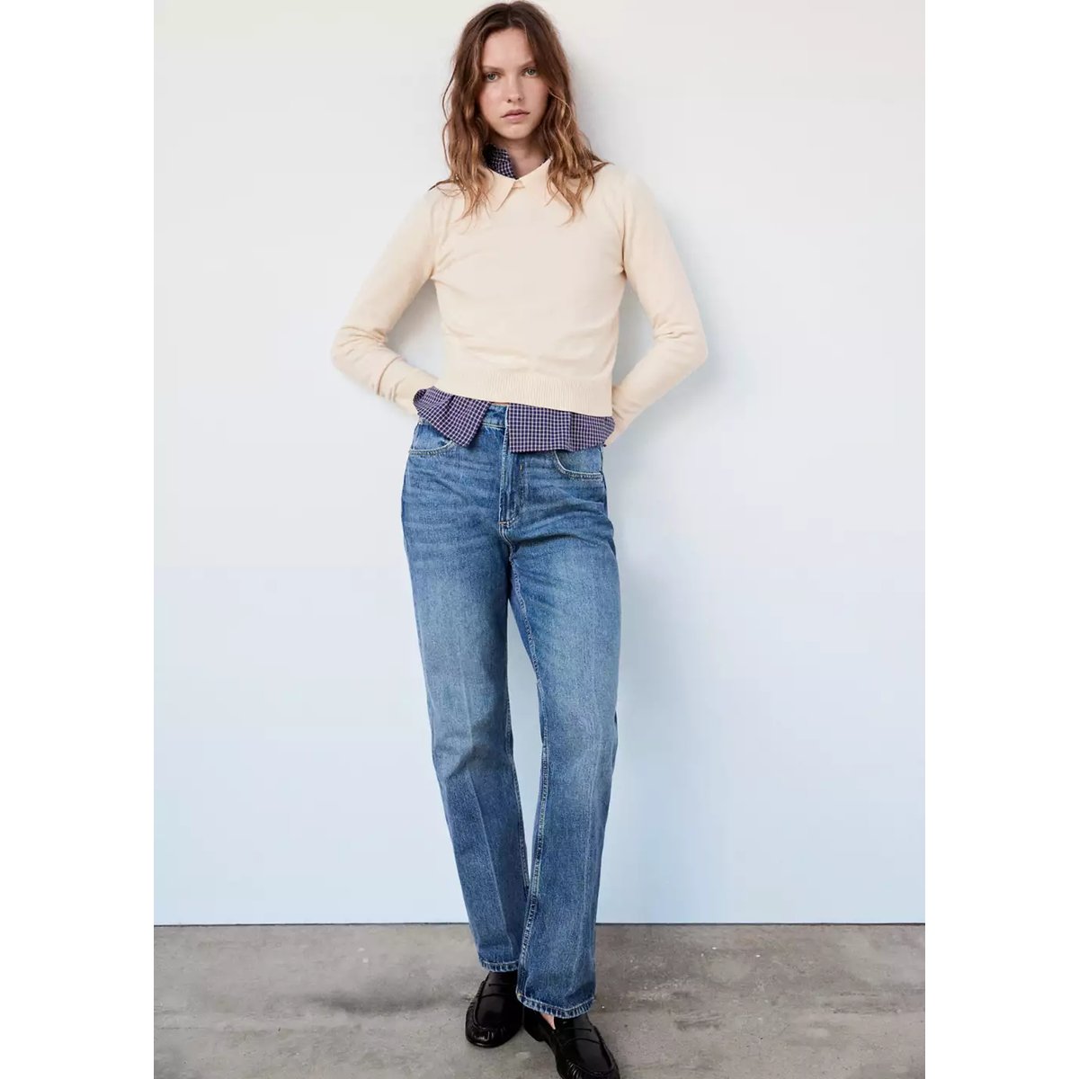 Pull-over droit col polo écru, MANGO