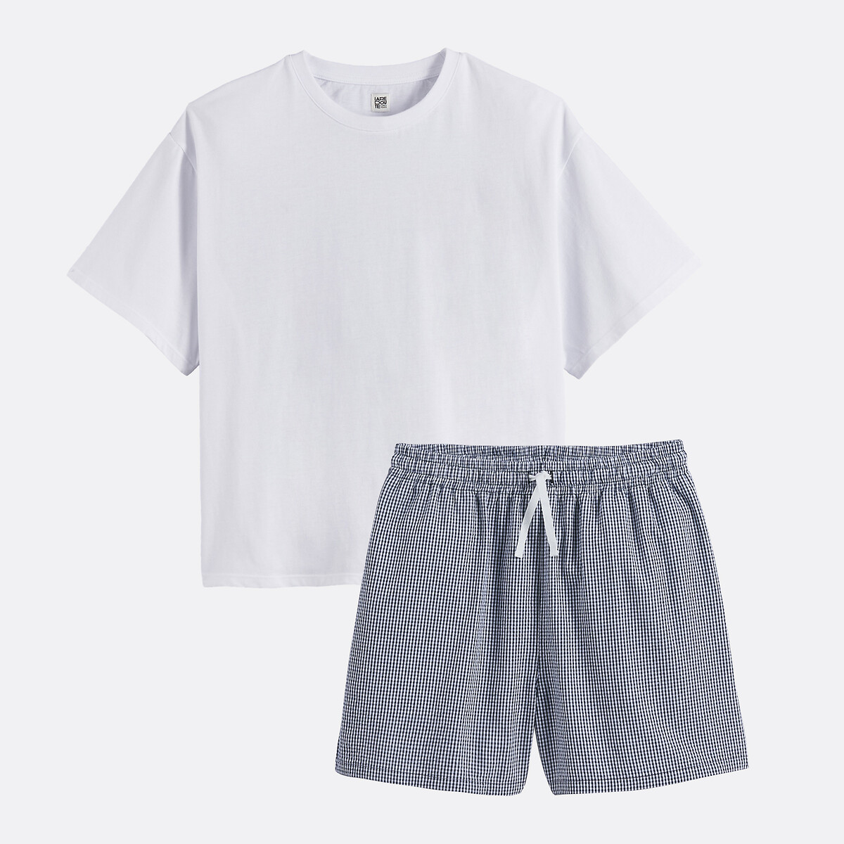 Pijama-calção em jersey e popelina vichy azul, LA REDOUTE COLLECTIONS