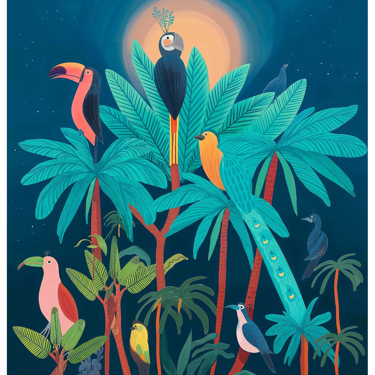Papier peint Oiseaux Tropicaux au Sommet multicolore, HEXOA