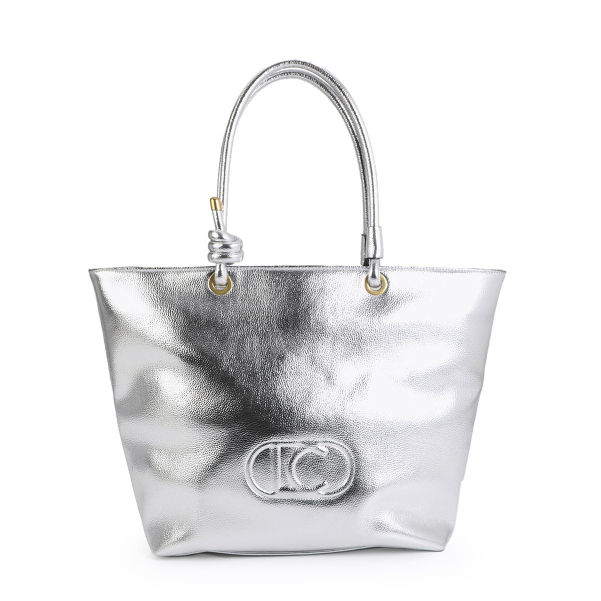 Cabas en cuir métallisé avec logo embossé argent, LOLA CASADEMUNT