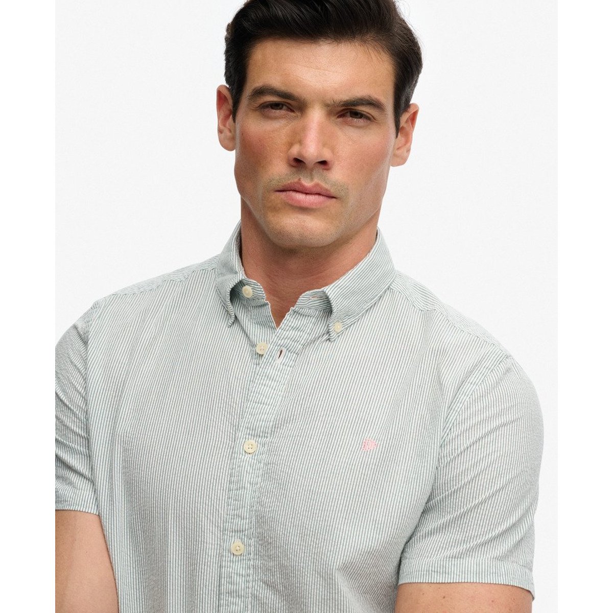 Chemise à manches courtes en seersucker classique crème/vert, SUPERDRY
