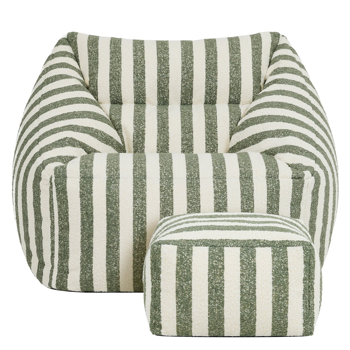 Pouf fauteuil et son repose-pied carré en bouclette rayée Oeko-Tex® - NATALIA vert olive, ICON