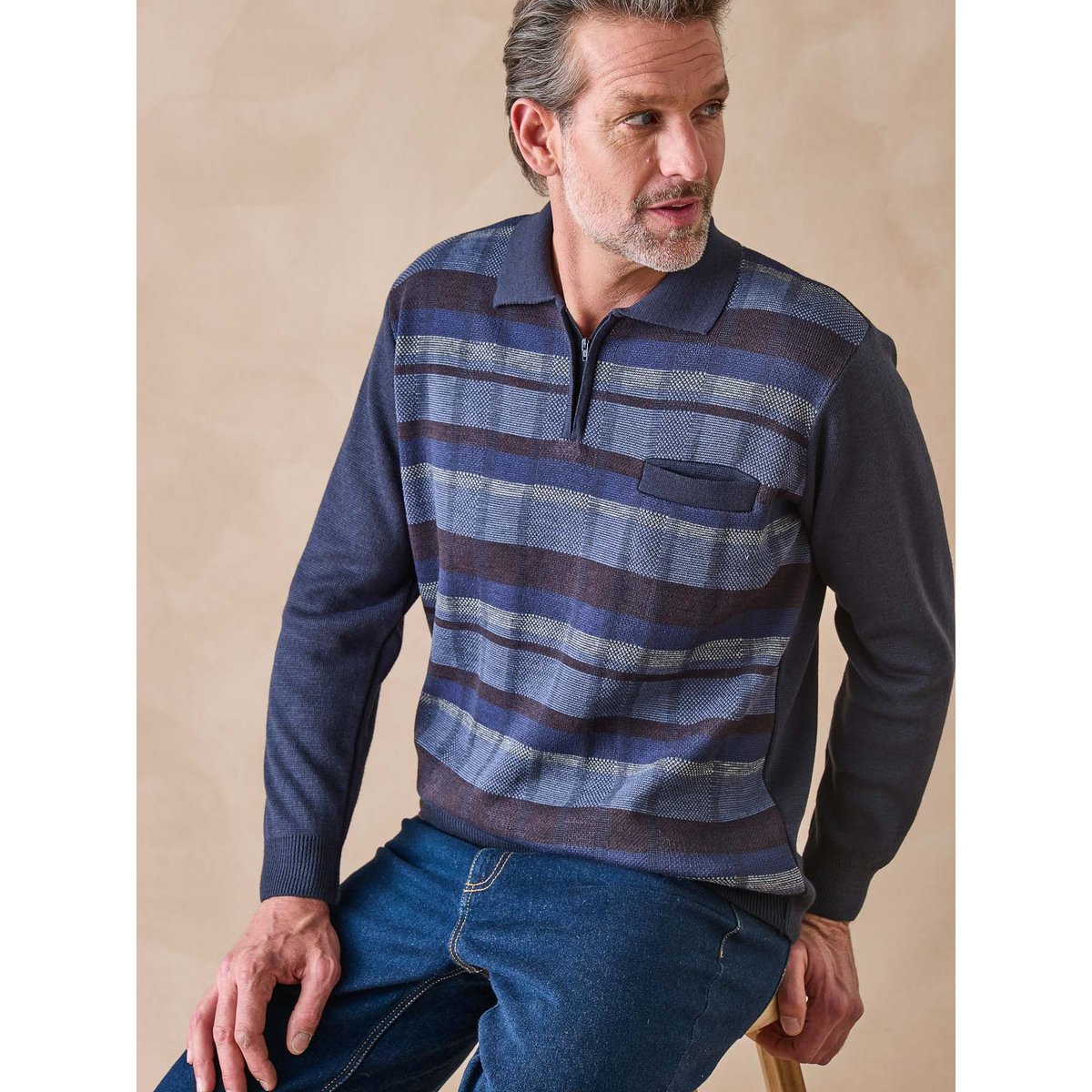 Pull polo zippé homme bleu, DAXON