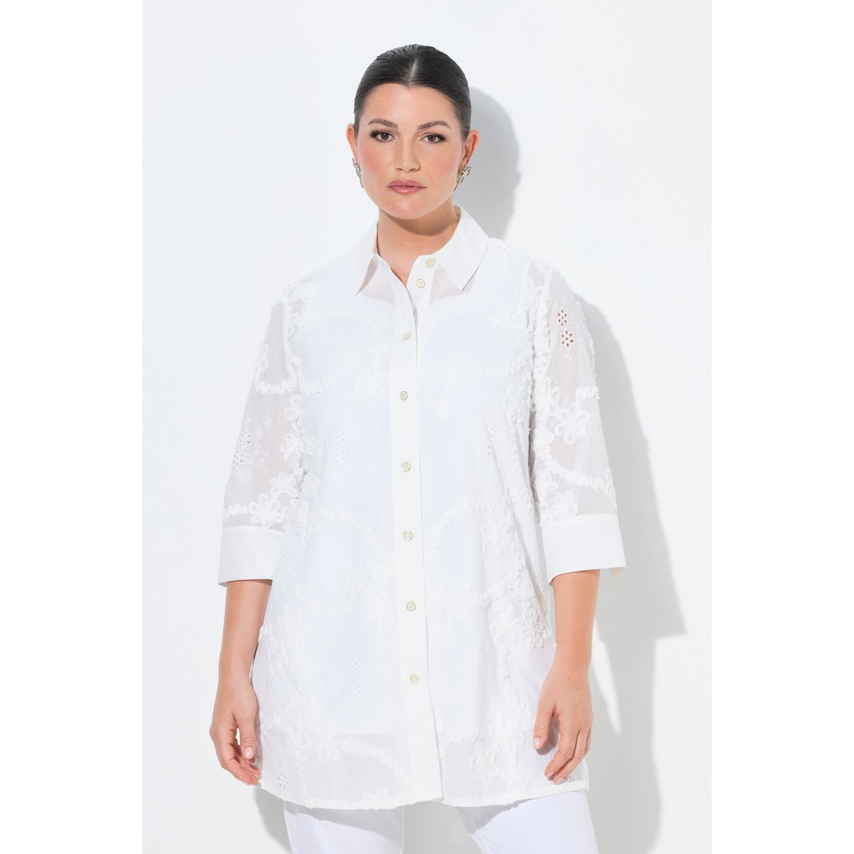 Chemisier long avec broderies blanc neige, ULLA POPKEN